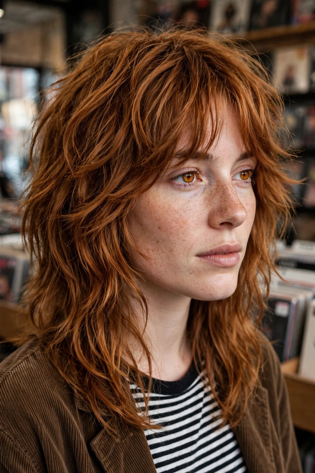 Young Canadian woman in her mid 20s with a velvet ginger shag, wearing a striped tee and corduroy jacket, in a Montreal record store.