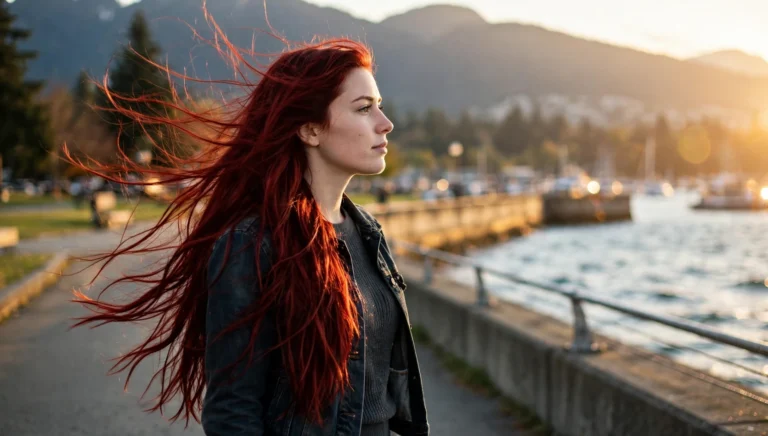 Young Canadian woman in her late 20s with long velvet-red hair in side profile on a Vancouver seawall at golden hour, wearing a denim jacket.