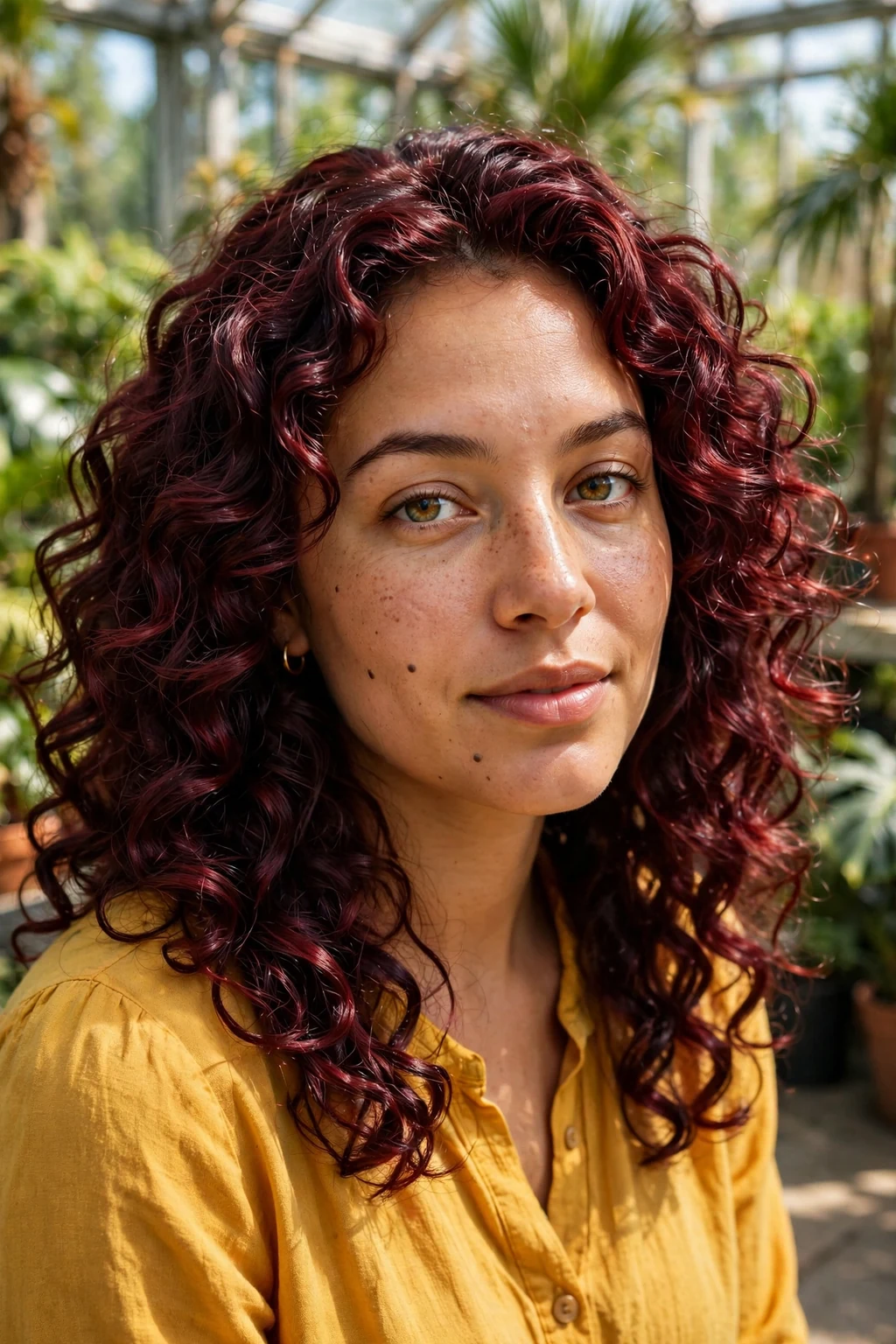 Young Canadian woman in her late 20s with voluminous velvet mahogany curls, wearing a mustard blouse, in a sunny Ottawa conservatory.