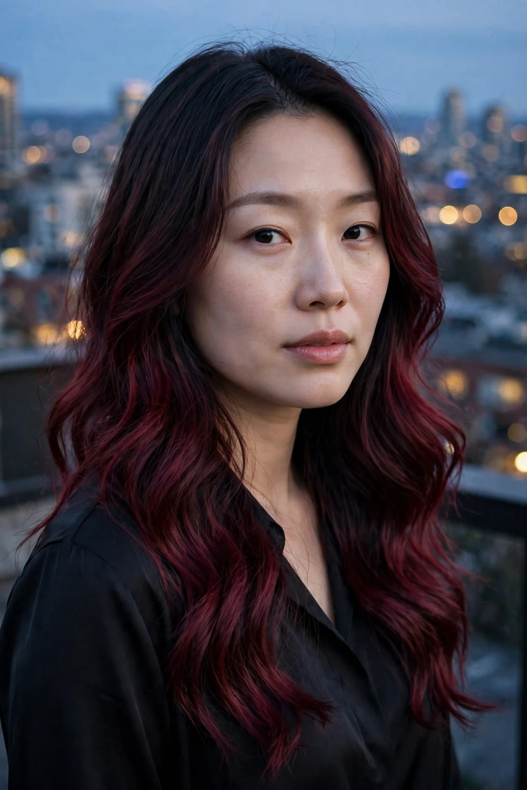 Young Canadian woman in her early 30s with velvet merlot ombre hair, wearing a black silk blouse, on a Vancouver rooftop at dusk.