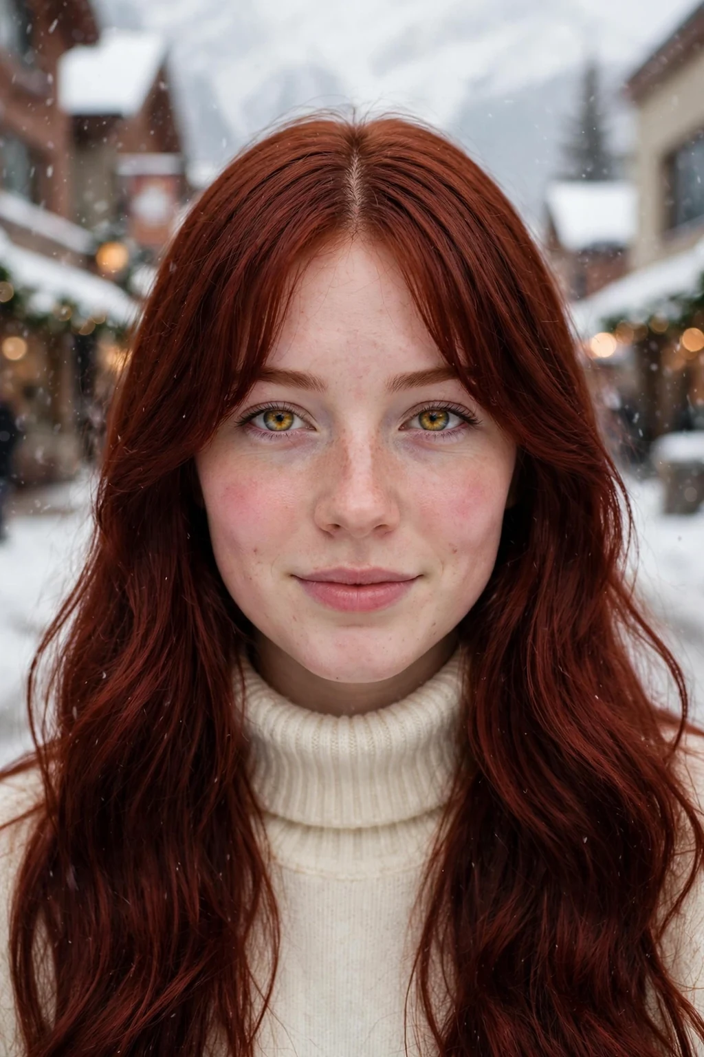 Young Canadian woman in her early 20s with velvet red hair and curtain bangs, wearing a cream turtleneck, in a snowy Banff village street.