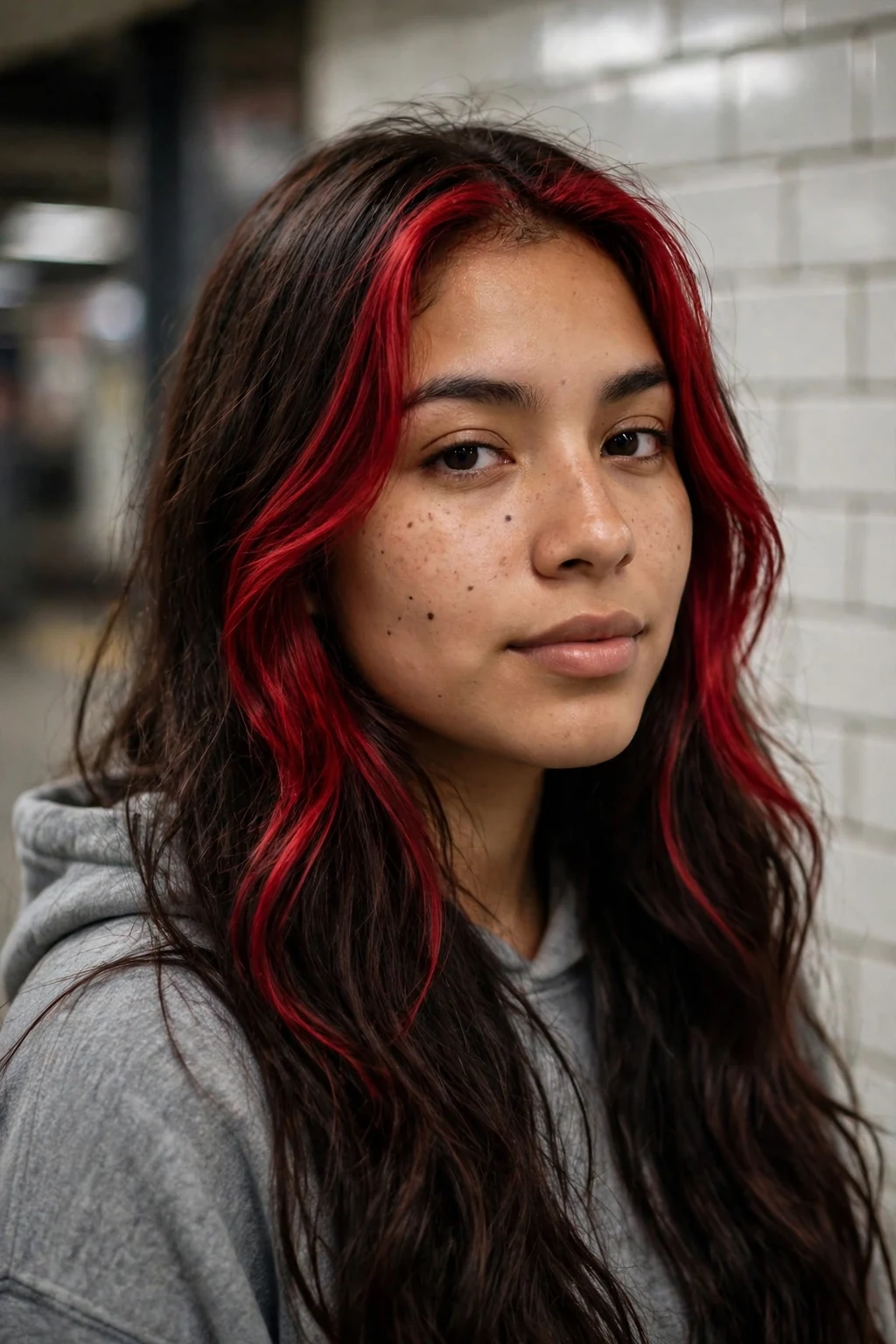 Young Canadian woman in her early 20s with dark hair and velvet red money piece highlights, wearing a grey hoodie, in a Toronto subway station.