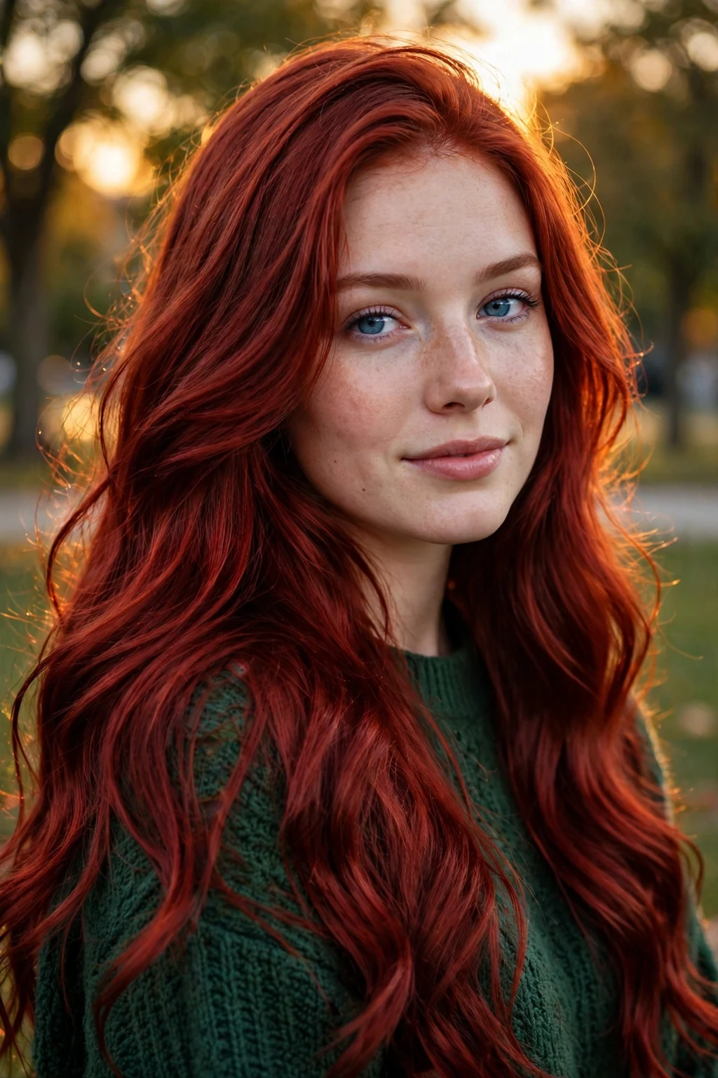 Young Canadian woman in her late 20s with long velvet red silk waves, wearing a forest-green sweater, standing in a Toronto park at golden hour.