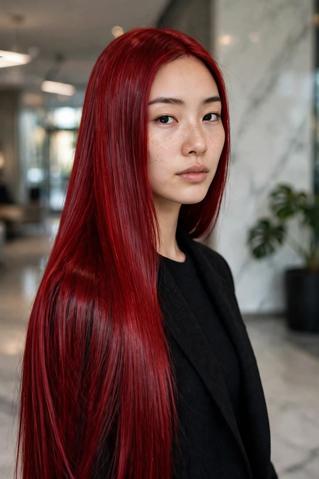 Young Canadian woman in her early 20s with sleek straight velvet red hair, wearing a black blazer, in a modern Toronto condo lobby.