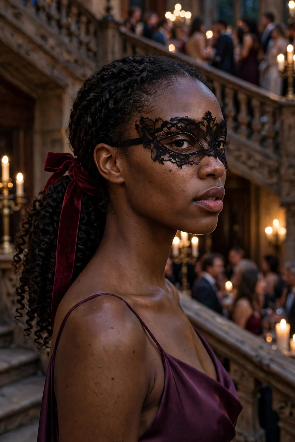 Young woman with a sleek low ponytail wrapped in a burgundy velvet ribbon and a delicate masquerade mask at an evening ball.