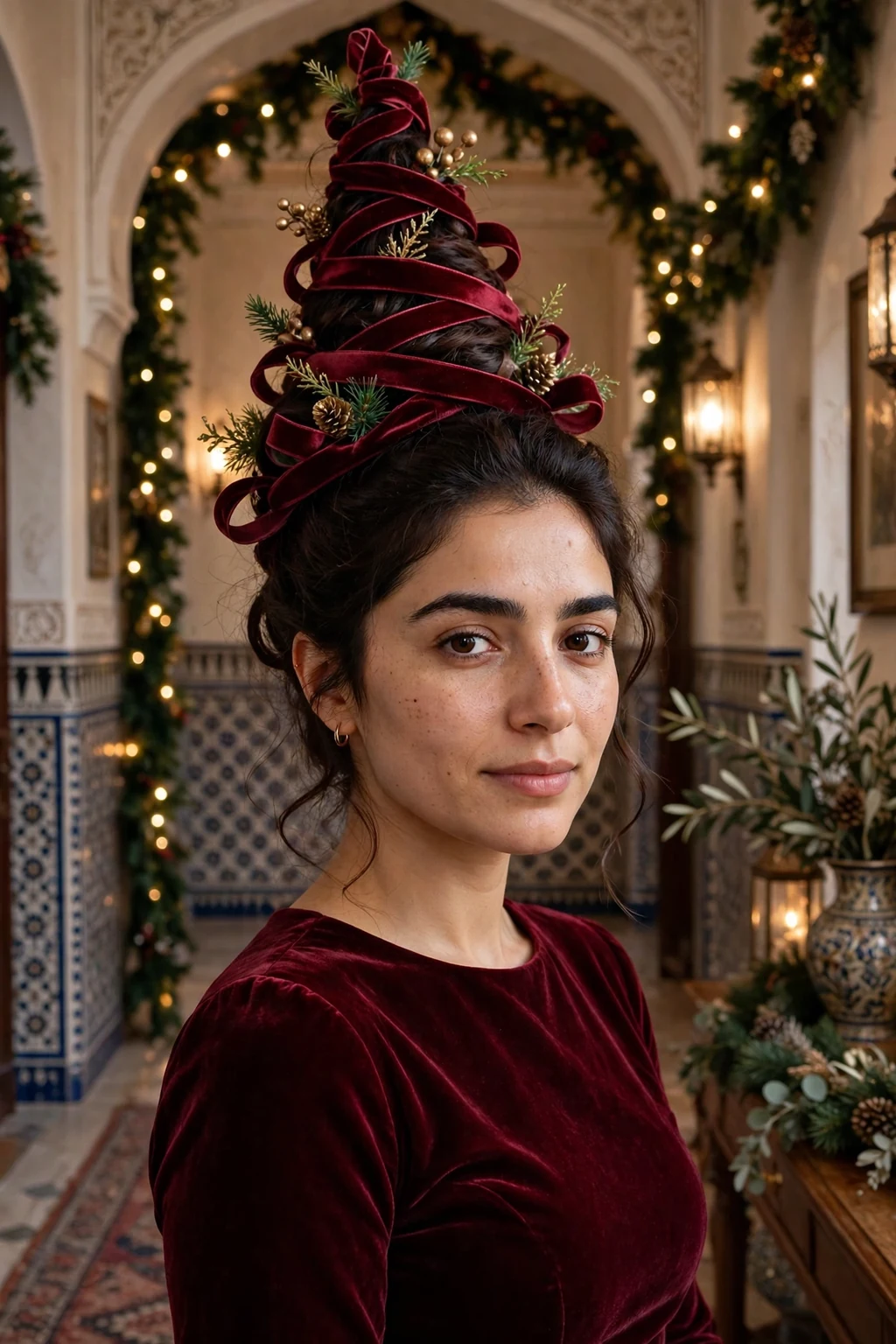 Young woman with velvet ribbon tree updo hairstyle, festive holiday look.