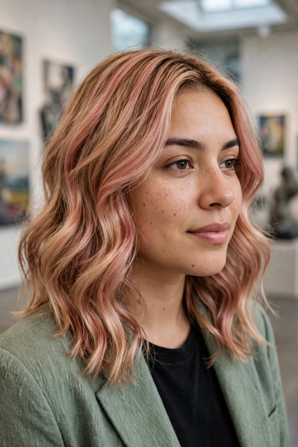 Young Canadian woman in her late 20s with a velvet rose tint on blonde hair, wearing a sage blazer, in a Toronto art gallery.