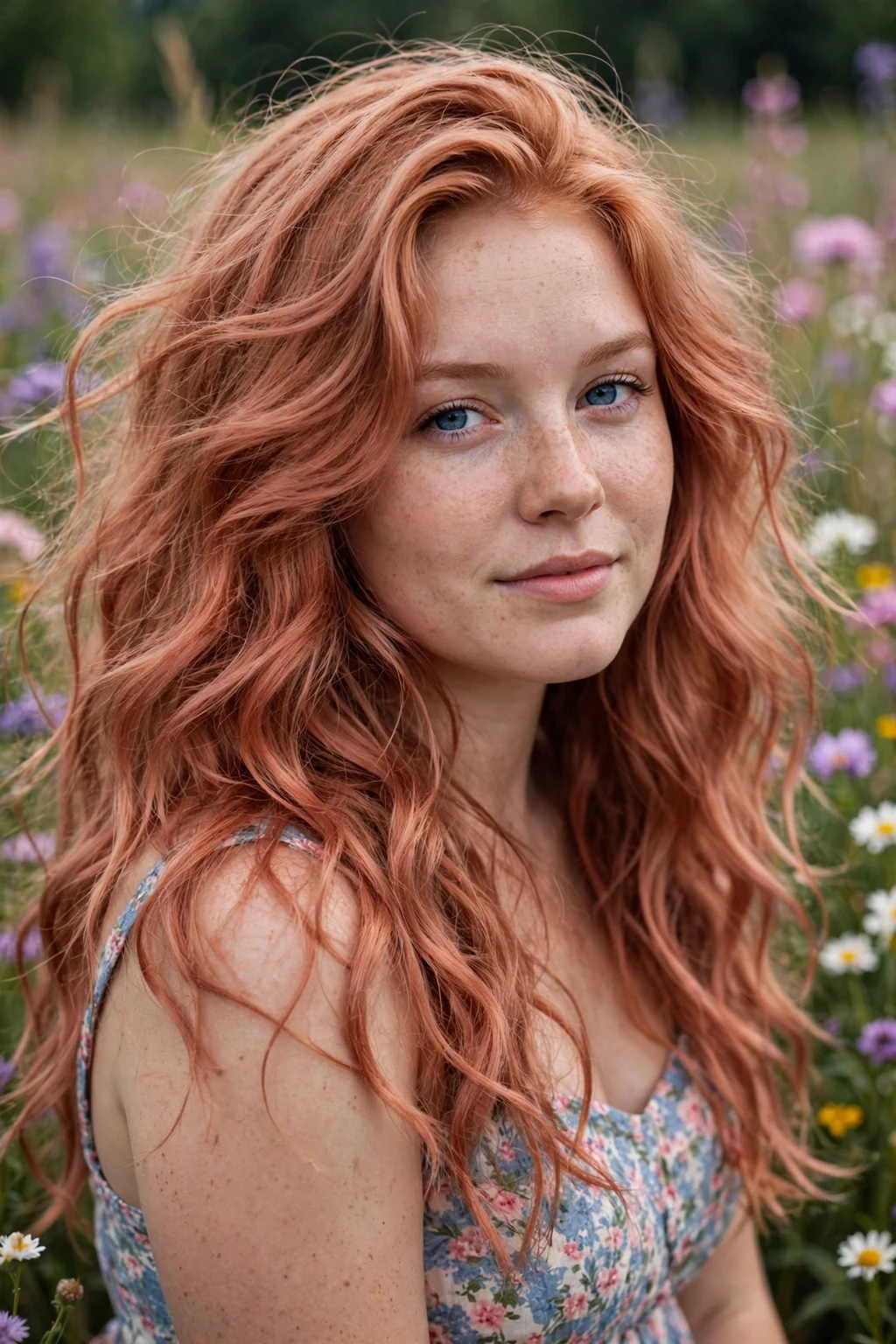 Young Canadian woman in her mid 20s with velvet strawberry blonde waves, wearing a floral sundress, in a Prince Edward County flower field.