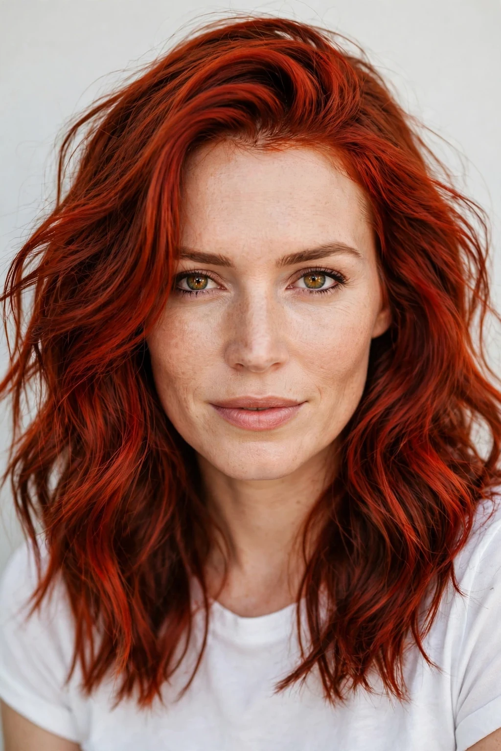 Woman with vibrant red auburn, bold true-red energy, vivid bright light.
