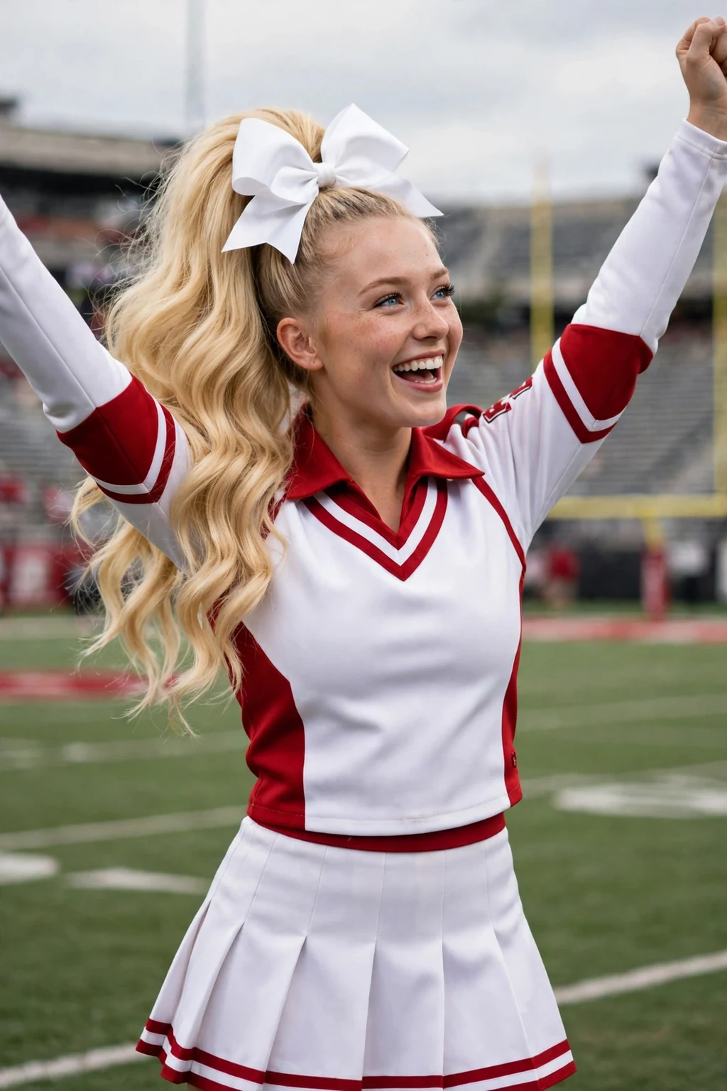 Young cheerleader with a victory ponytail and a huge white bow, celebrating on a football field.