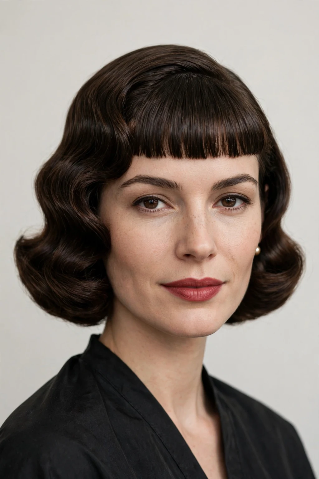 Woman with vintage bob and bangs, retro glamorous waves, timeless elegant light.
