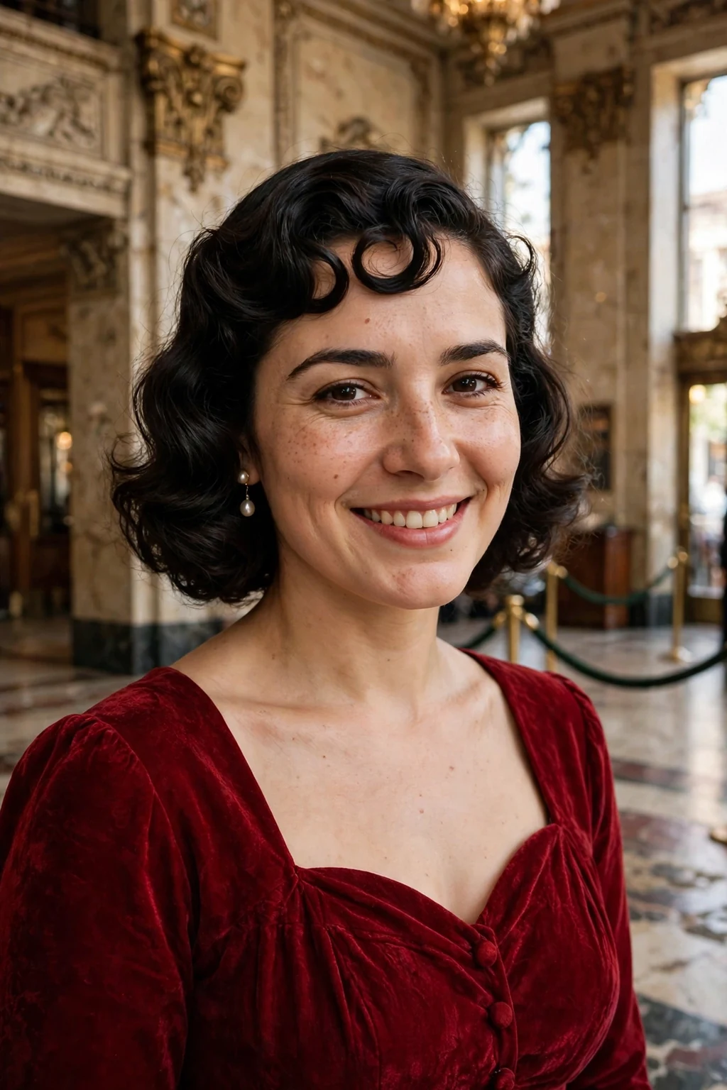 Young woman with a vintage bob with pin-curl bangs hairstyle, polished and old-Hollywood.