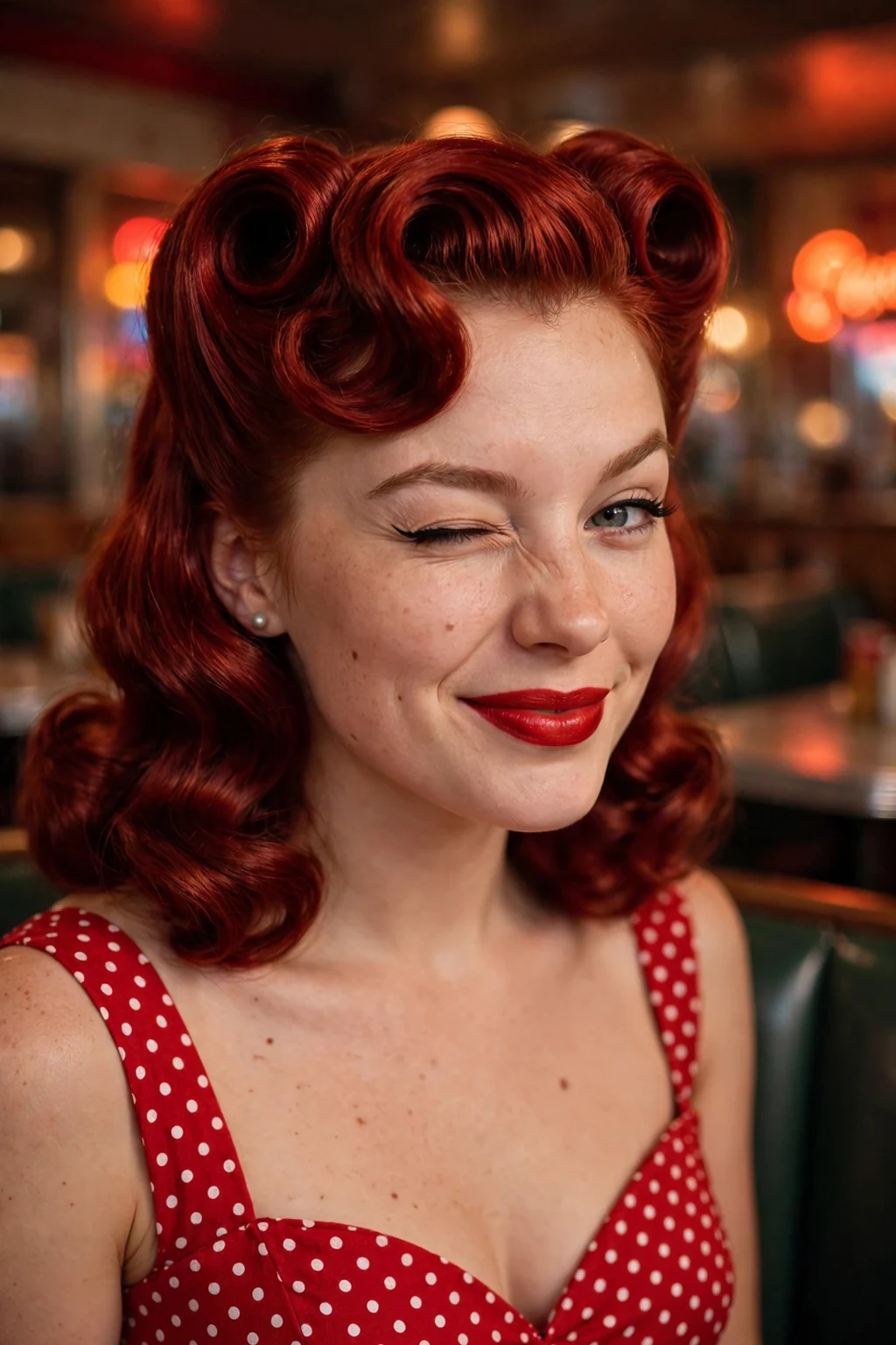 Young Caucasian woman in her mid-20s with vintage cherry pin-up waves in bright red-burgundy, at a retro diner wearing a red polka-dot dress.