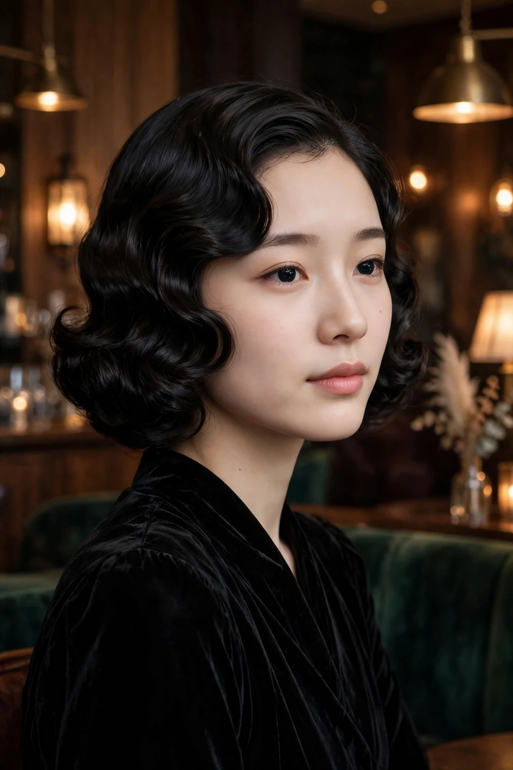Young woman aged 19 with vintage finger waves prom hairstyle for medium length hair, elegant formal look.