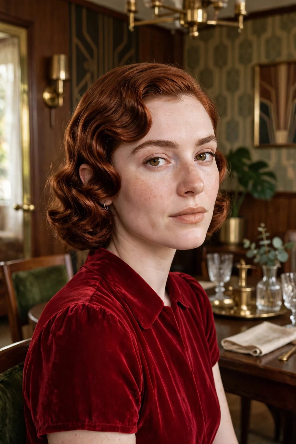 Young woman with vintage finger waves hairstyle in a retro dining room.