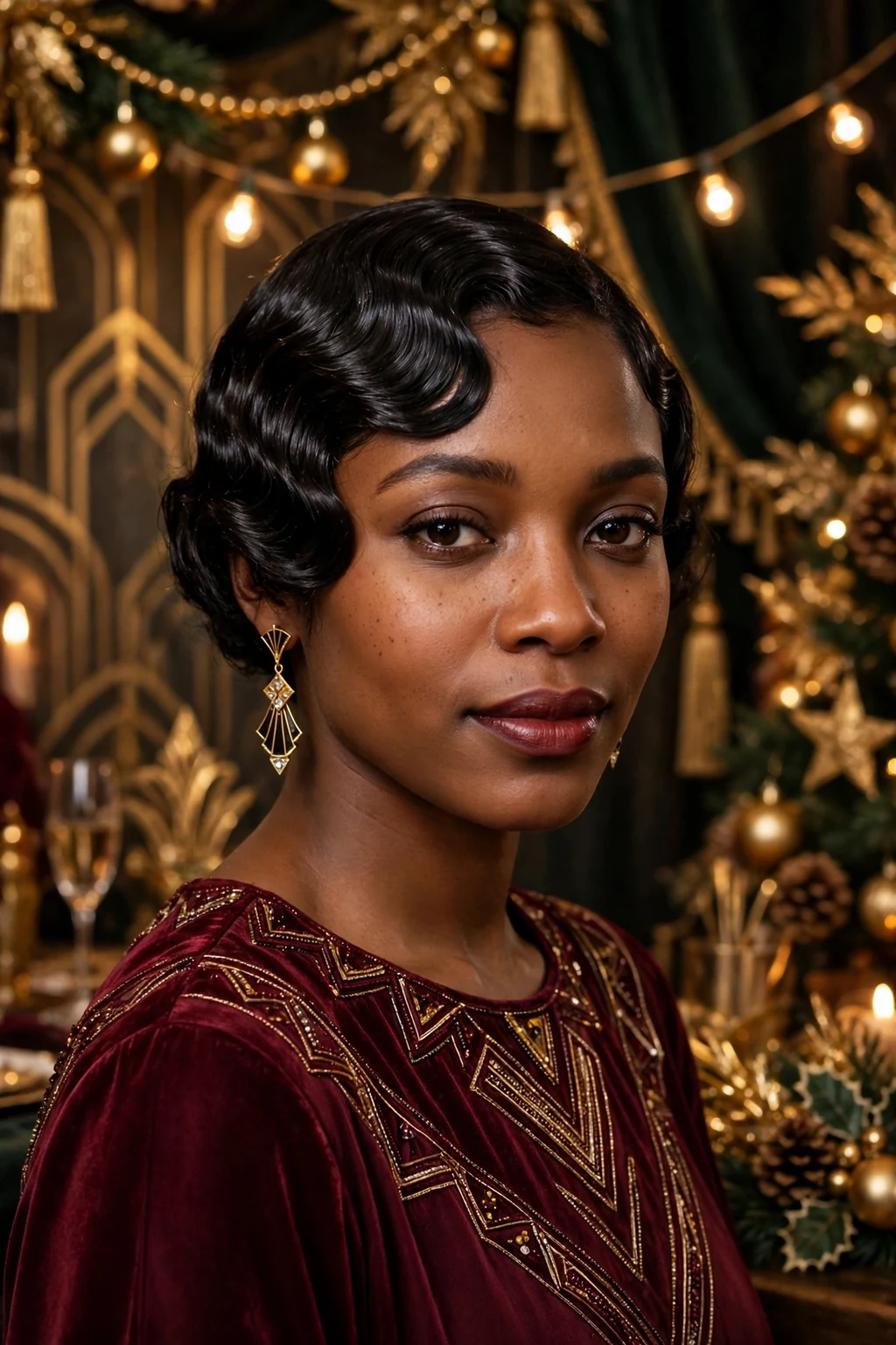 Young woman with vintage finger waves hairstyle, wearing a burgundy vintage dress.