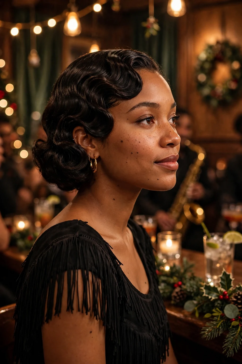 A young woman with vintage finger waves at a retro holiday party, wearing a black fringe dress.