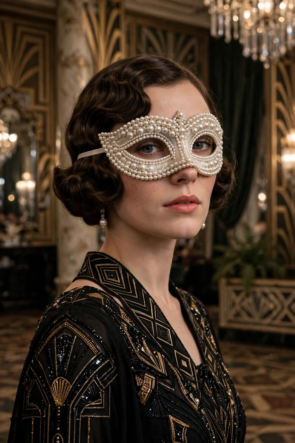 Young woman with vintage finger waves and a pearl masquerade mask.