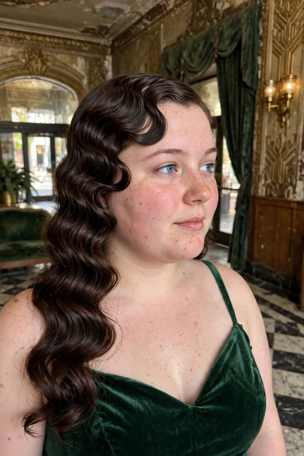 A young woman with long hair styled in vintage finger waves for prom.