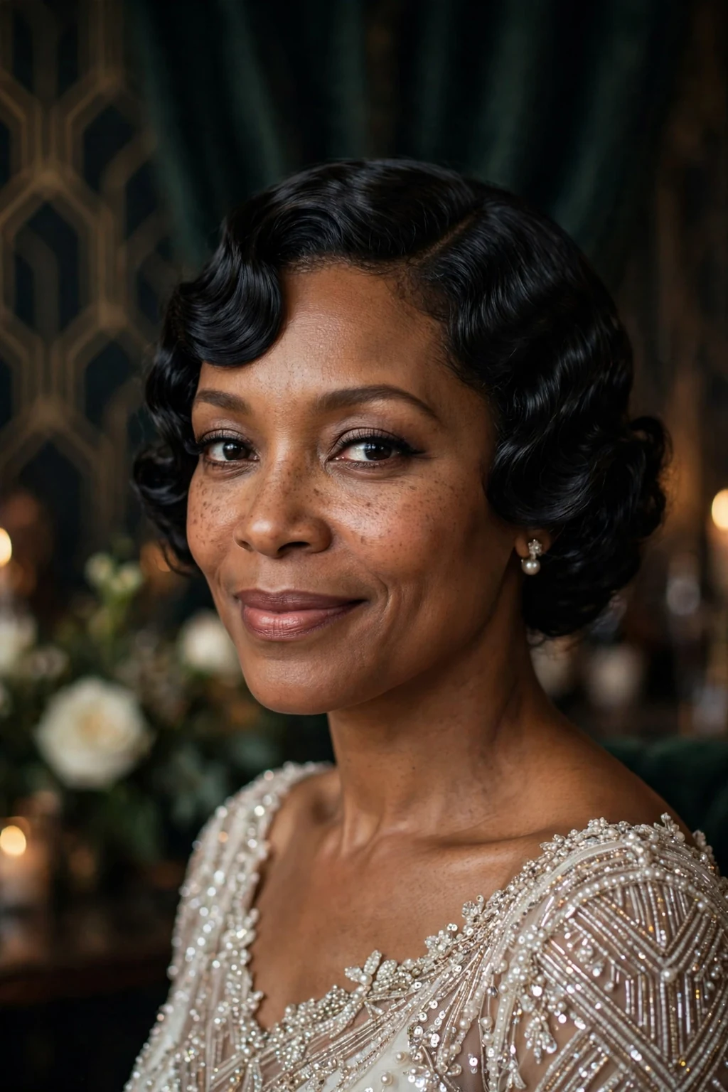 Beautiful bride with vintage finger waves, glamorous finger waves, retro light.