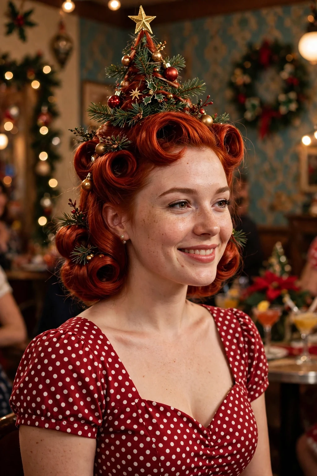 Young woman with vintage holiday tree roll hairstyle, festive holiday look.