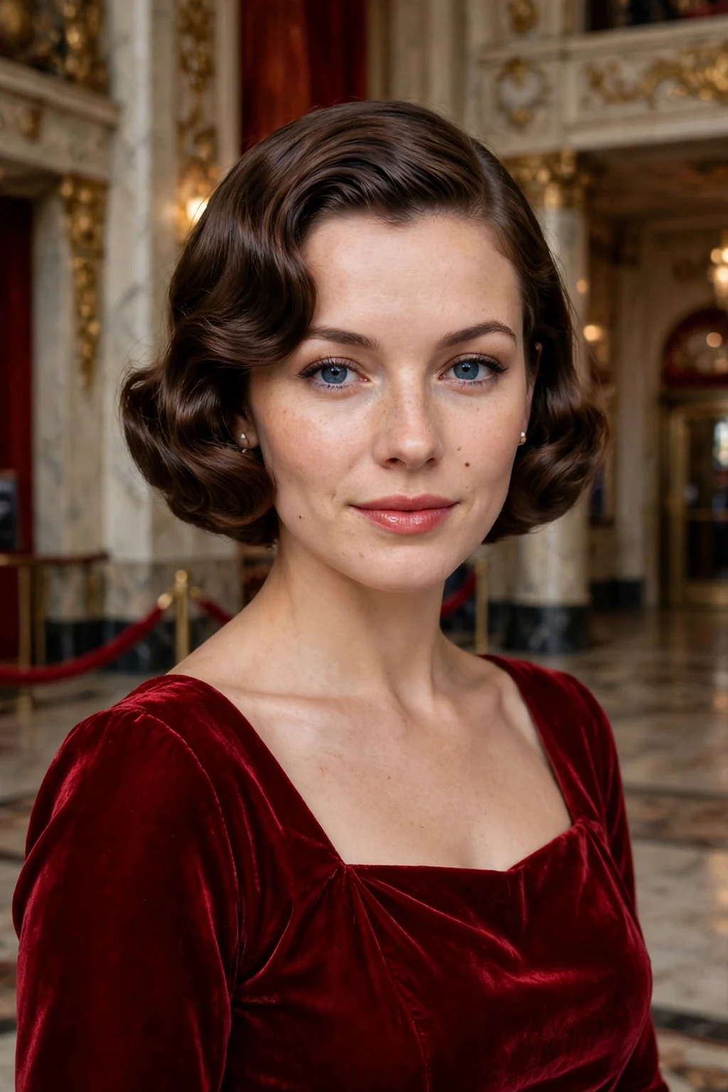 Young English woman with a vintage Hollywood bob in a theatre lobby in a red dress.