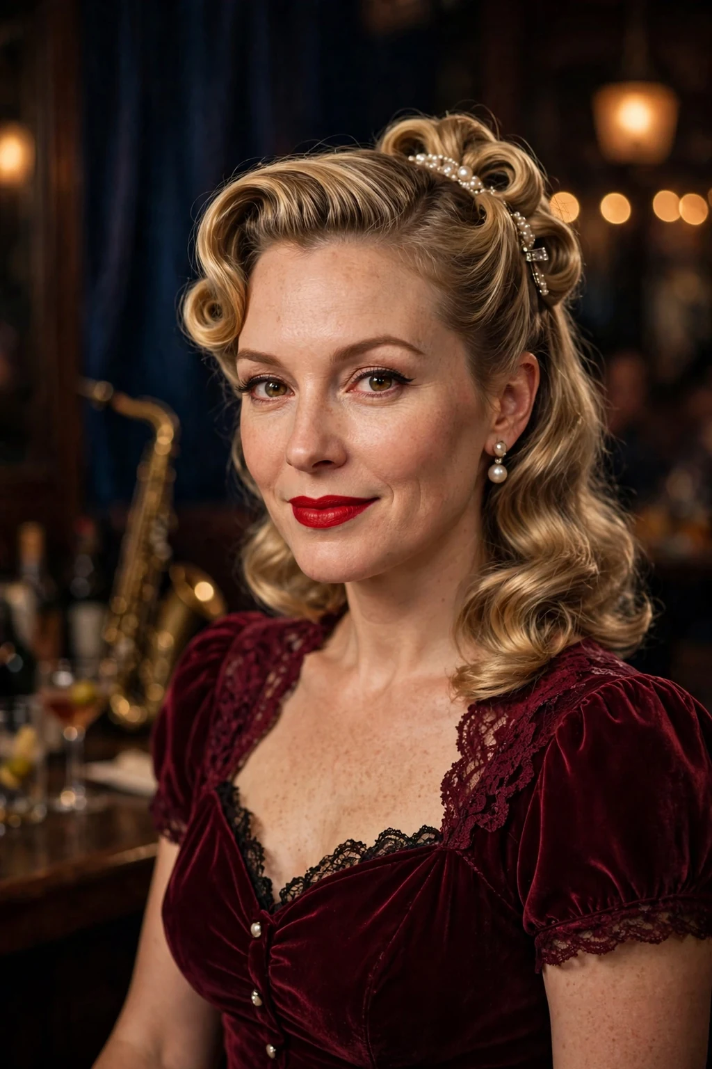 Beautiful woman with half-up with vintage waves, glamorous vintage half-up, retro light.