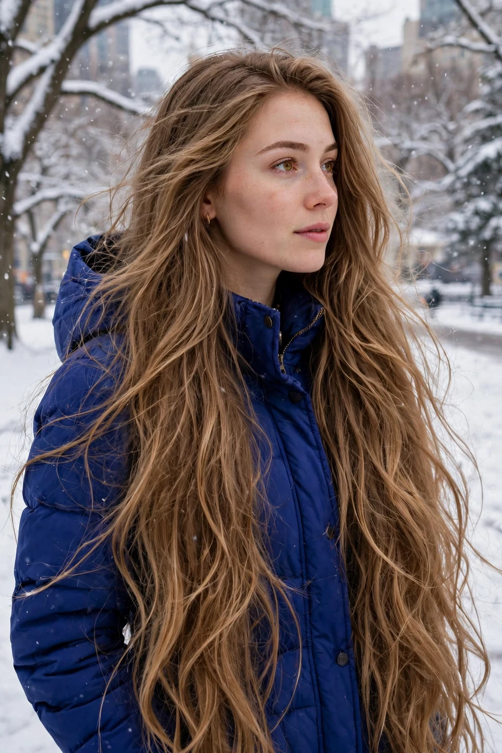 A young Canadian woman in her late 20s with very long light brown hair in a voluminous blowout, wearing a royal blue coat in a snowy city park.