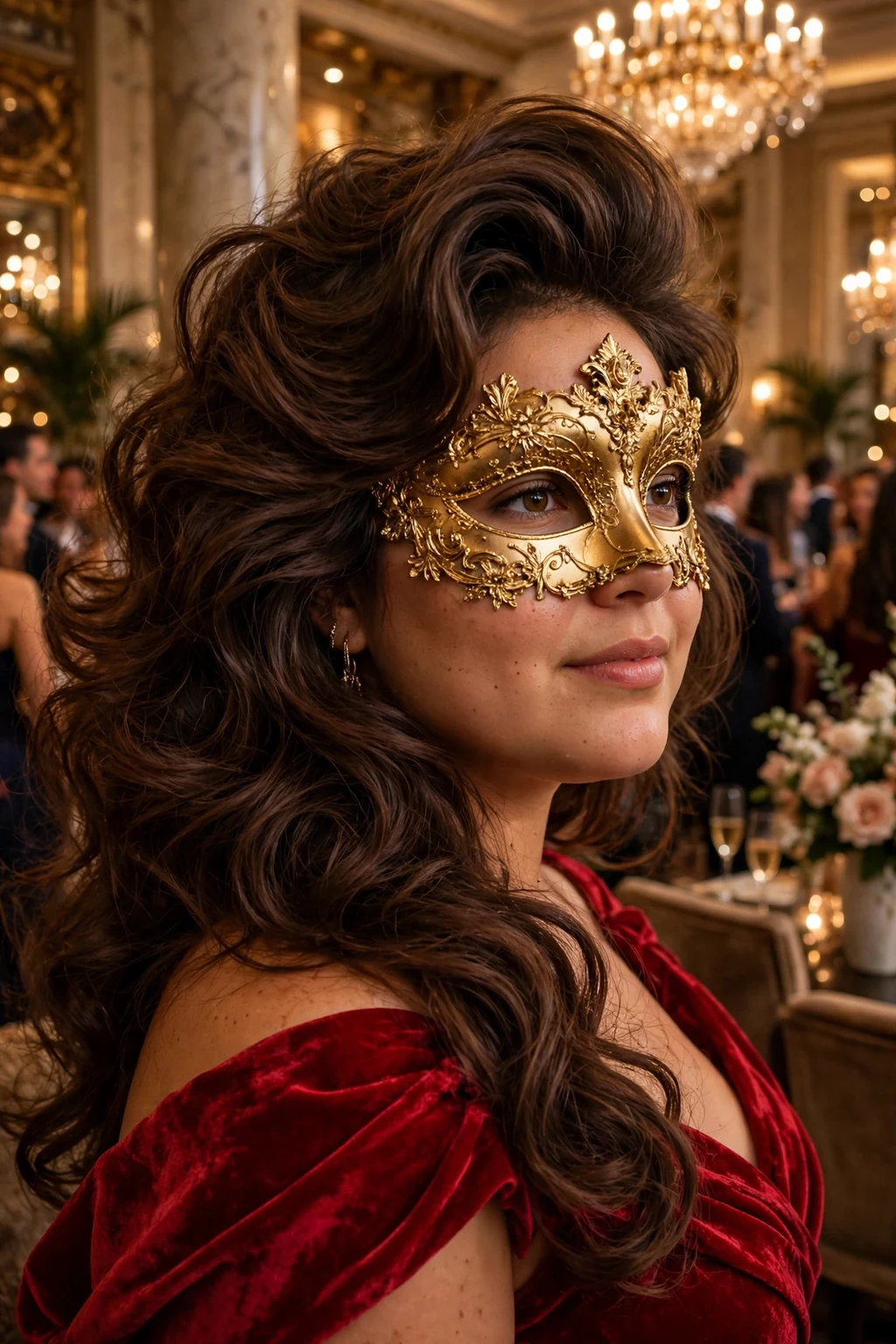 Young woman with a voluminous blowout and a masquerade mask at a gala.