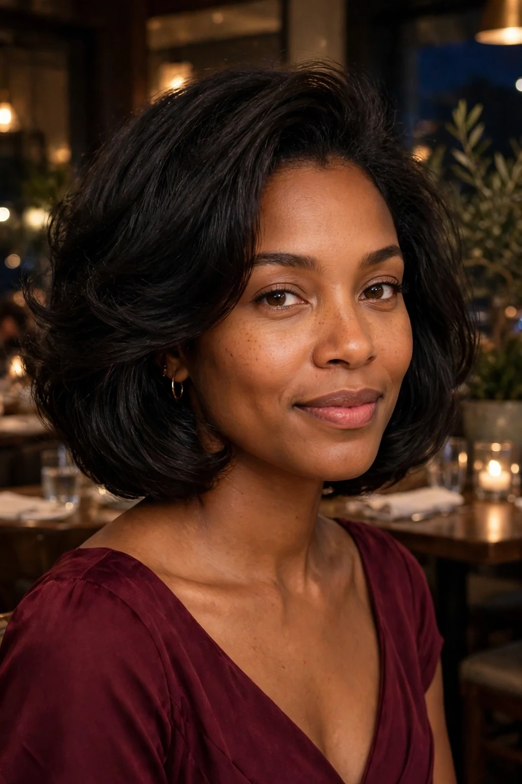 A young woman with a voluminous blowout chin bob, wearing a burgundy dress at an evening restaurant.