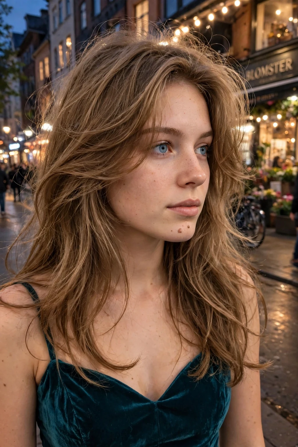 A young woman with long layered hair in a voluminous blowout with curtain layers.