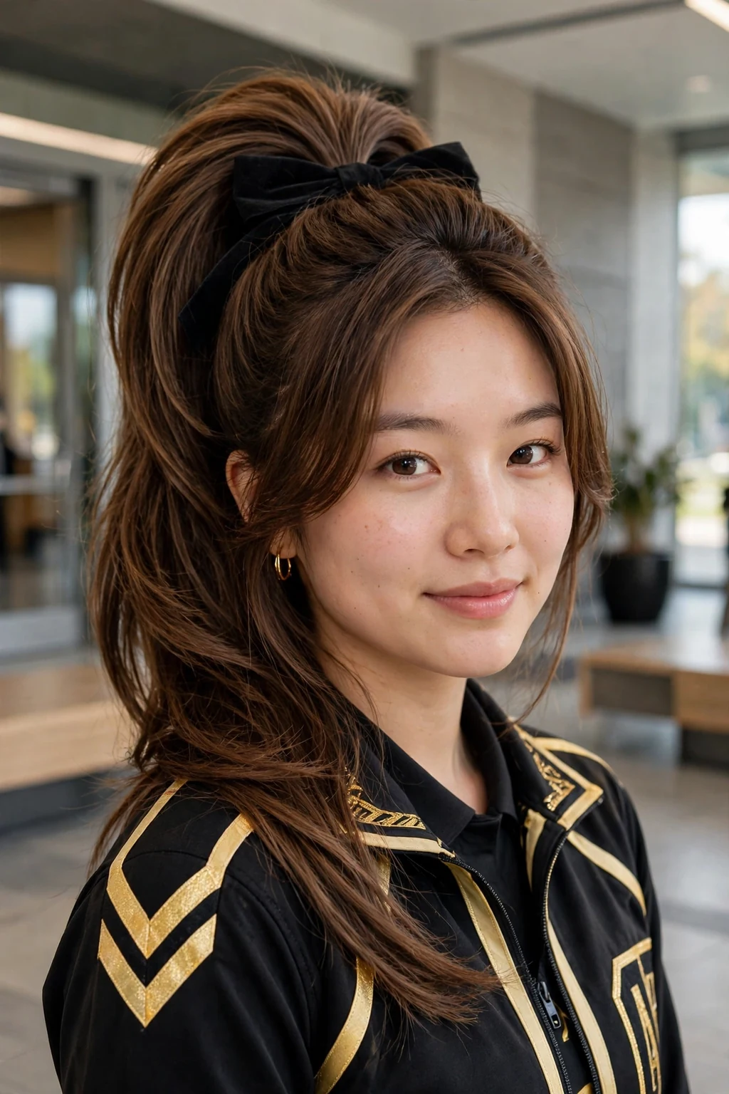 Young cheerleader with a voluminous blowout ponytail and a black bow, in a modern school lobby.