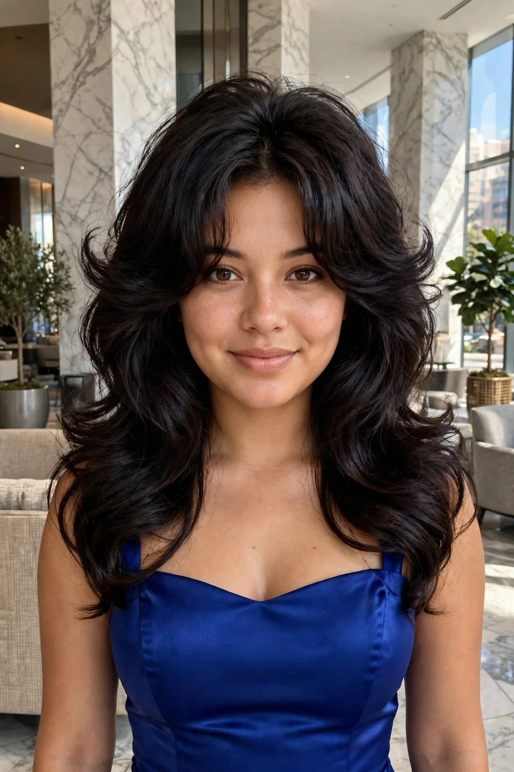 Young woman with a voluminous blowout and curtain bangs at a wedding, wearing a royal blue dress.