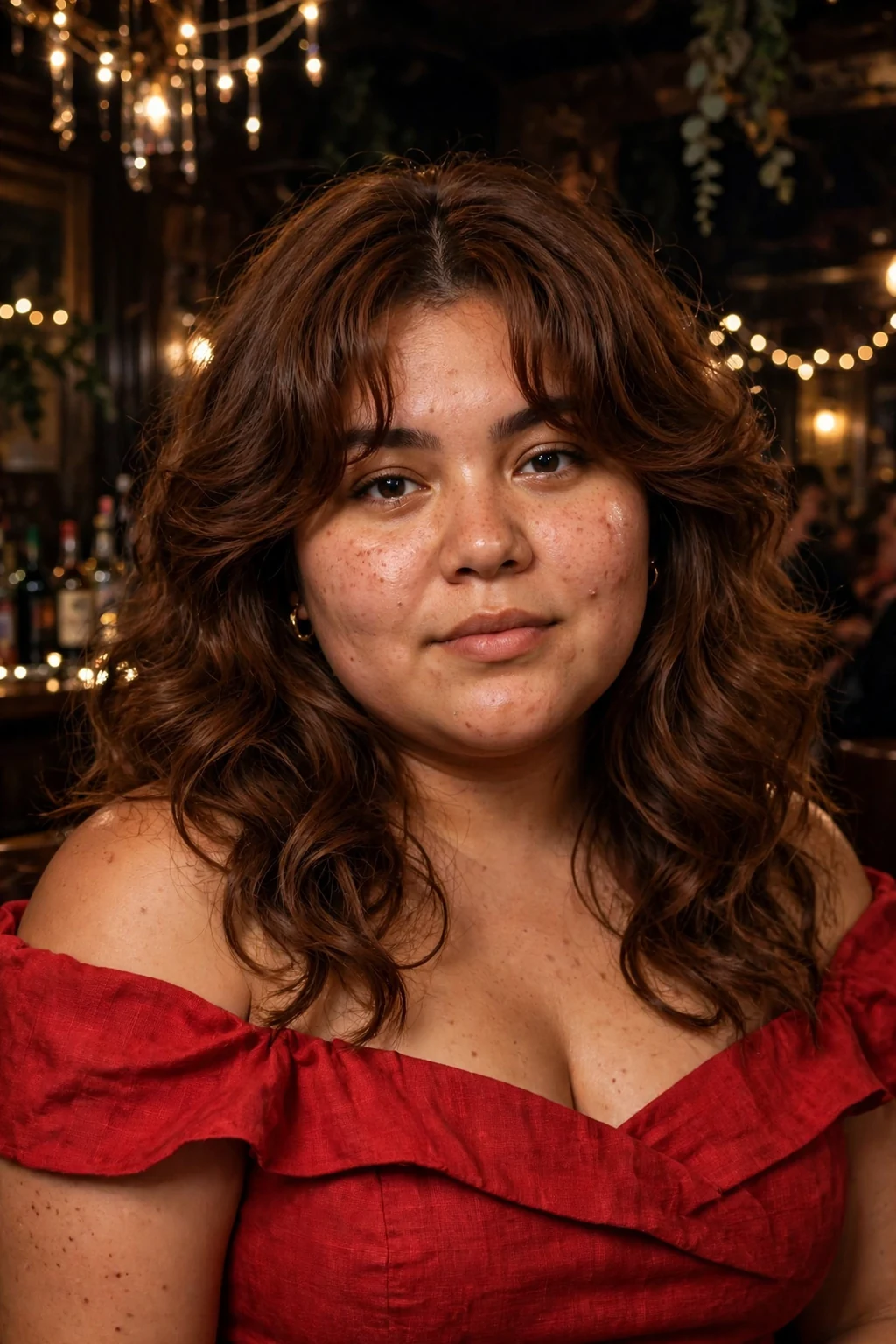 Young Latina woman with a voluminous blowout and curtain bangs wearing a red off-shoulder dress at a jazz club.