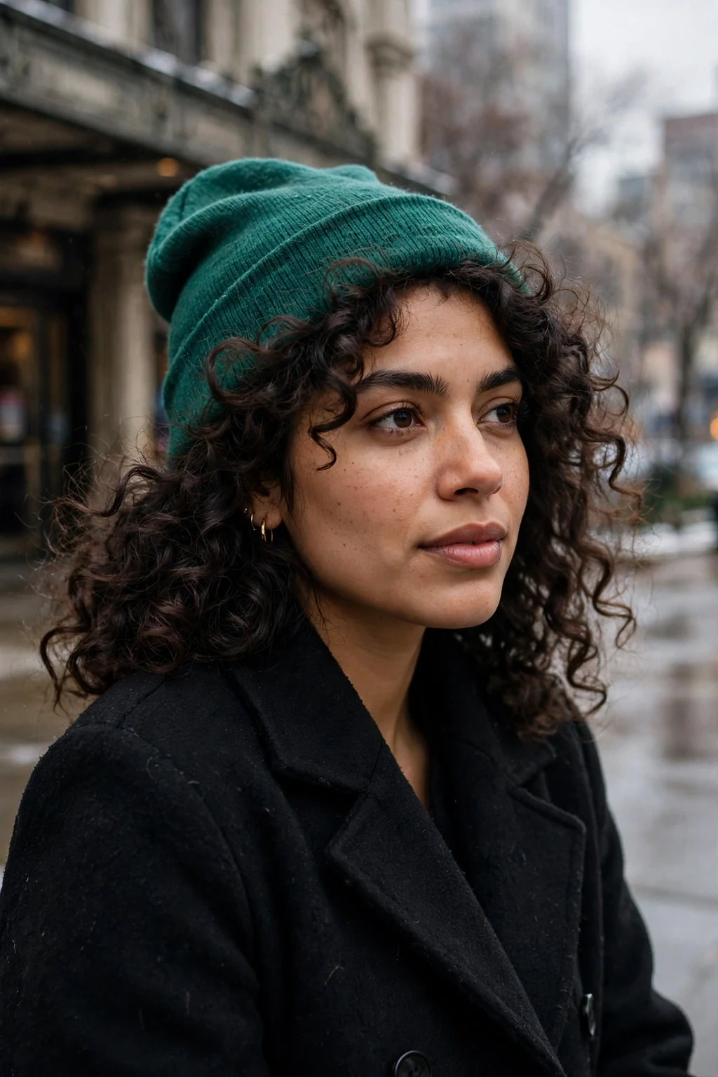 Young woman with a voluminous blowout under a slouchy emerald beanie outside a theater.