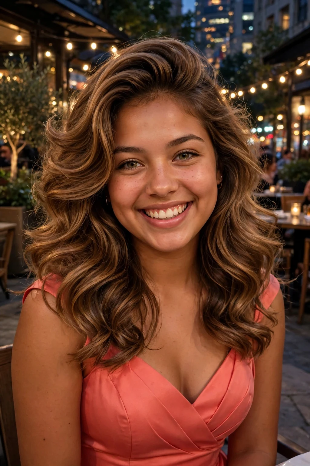 Young woman aged 19 with voluminous blowout prom hairstyle for medium length hair, elegant formal look.