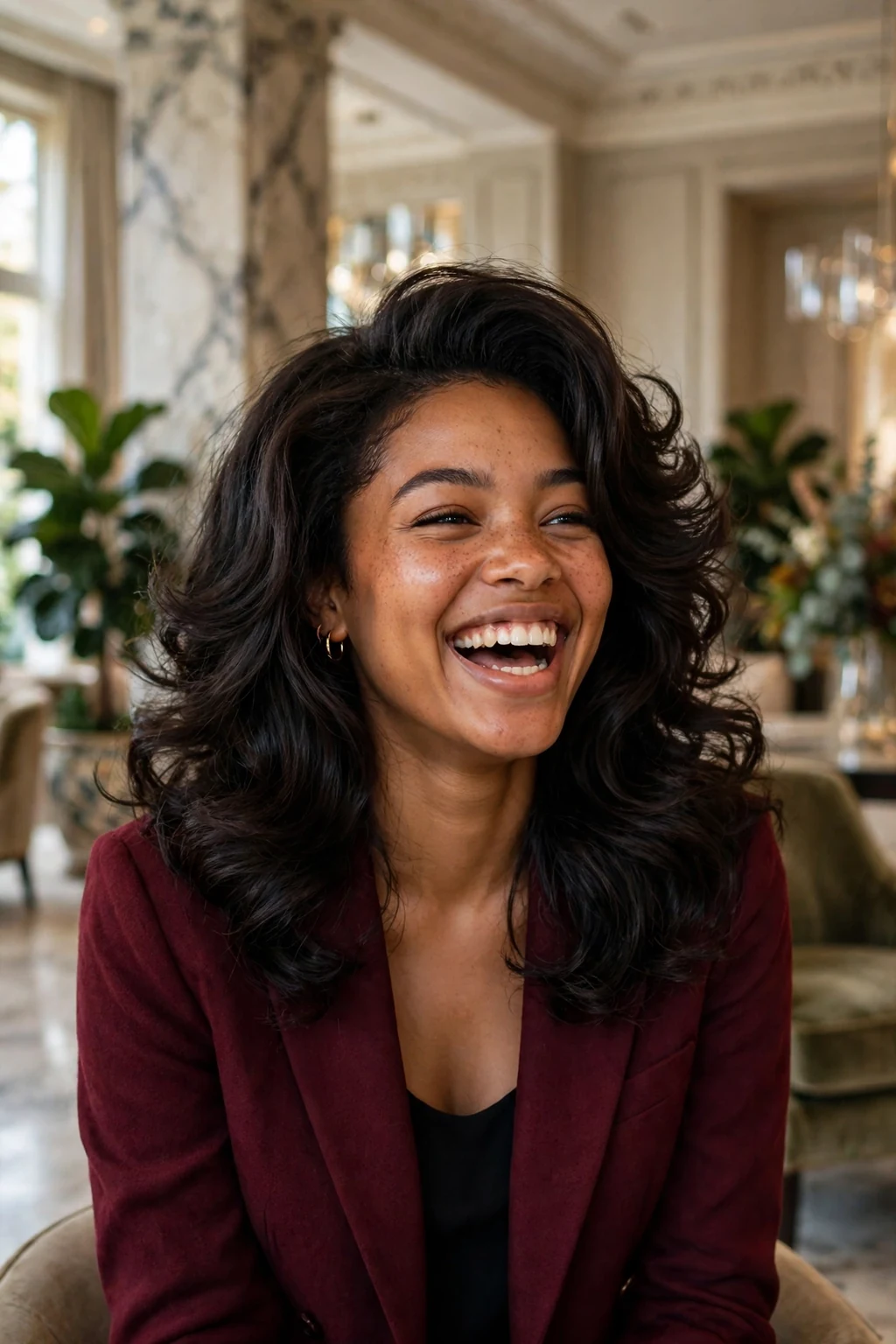 Young woman with a voluminous bouncy blowout hairstyle in a hotel lobby.