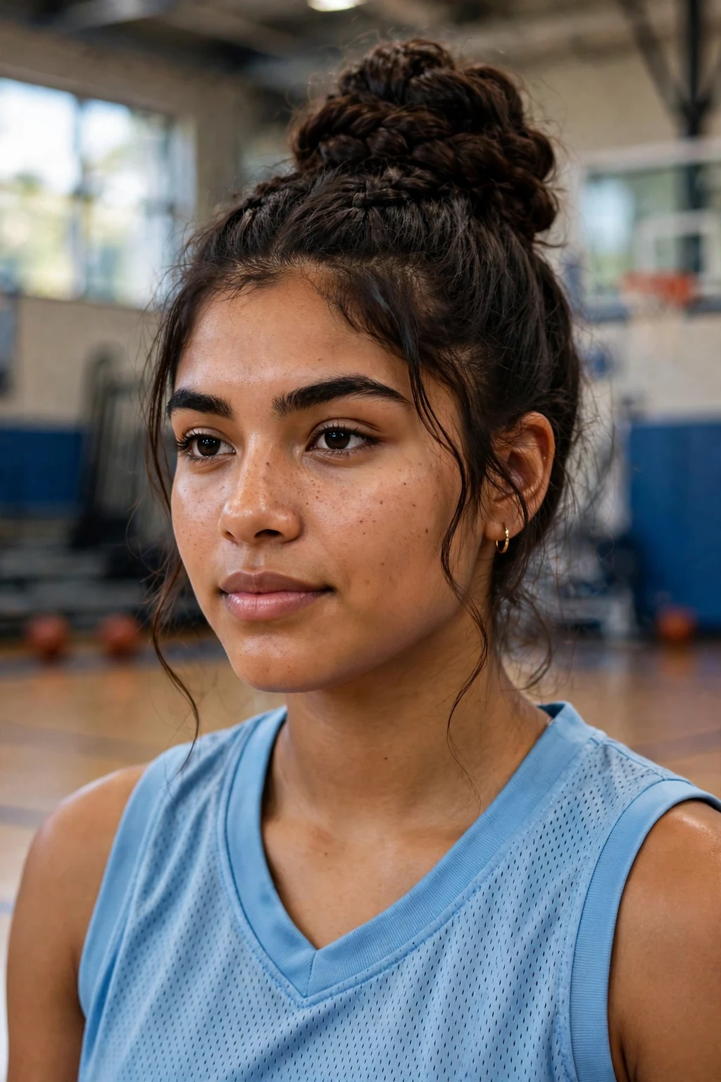 Young woman athlete with a voluminous braided bun, wearing a light blue jersey.