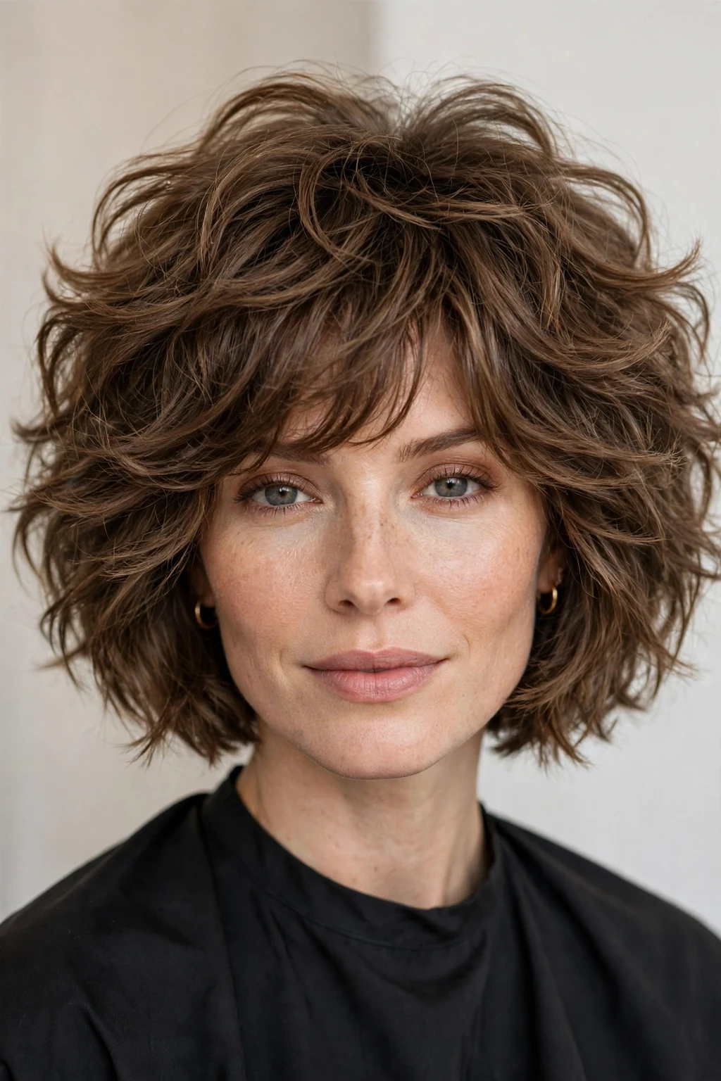 Woman with voluminous choppy bob, big bouncy body with textured layers, glamorous light.