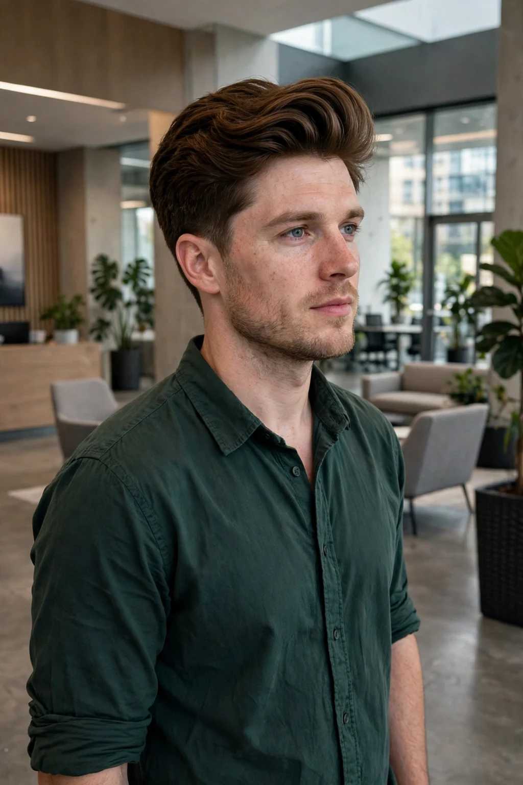 Young man with a voluminous comb over for thick hair, wearing a dark green shirt in an office lobby.