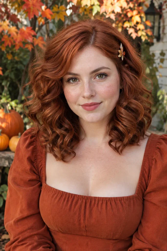 young woman with shoulder-length voluminous copper-red curls, natural freckles, and a vintage rust dress, photographed outdoors with autumn foliage and pumpkins.