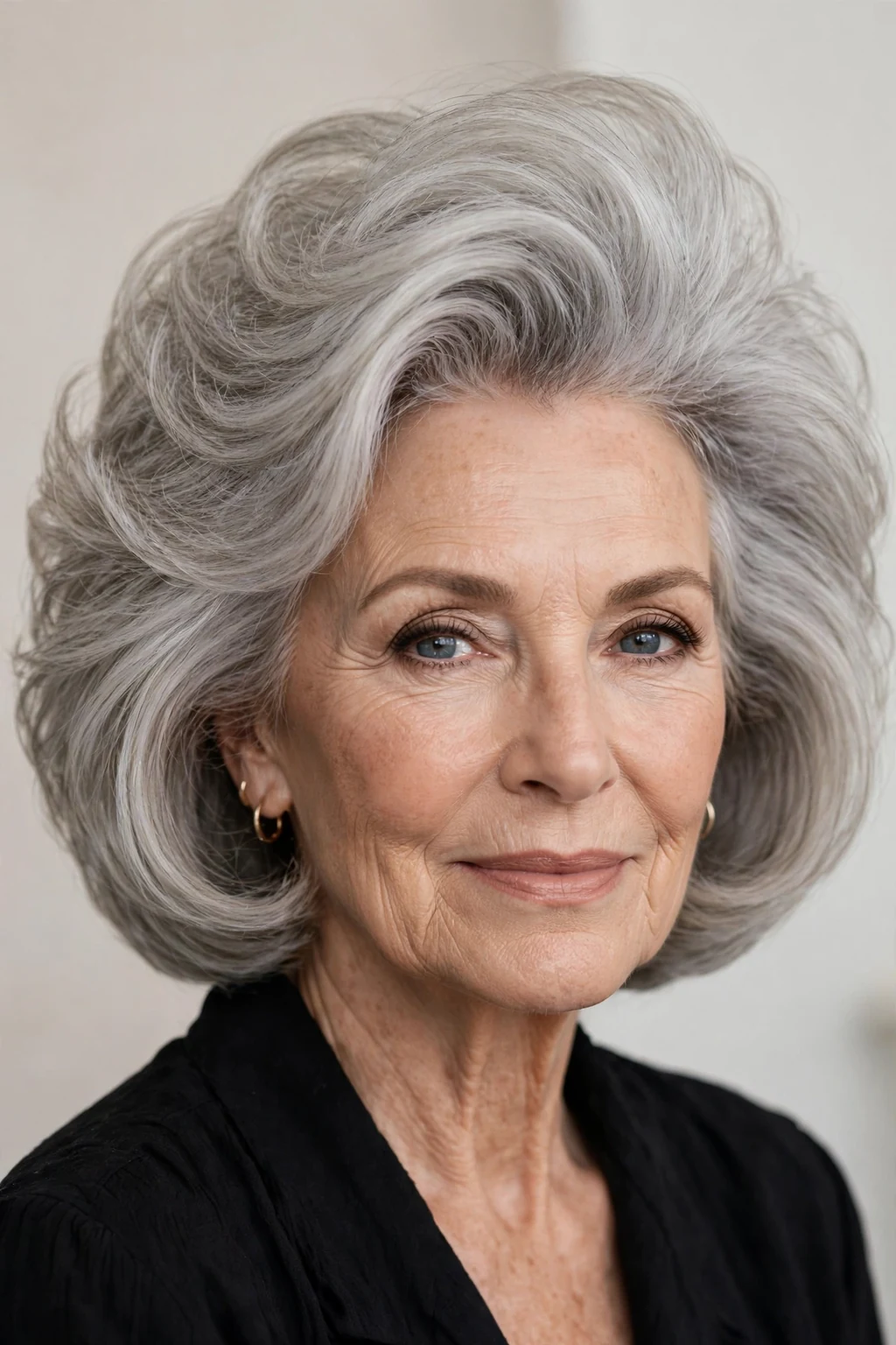 Elegant woman over 60 with voluminous crown bob, lifted bouncy crown, glamorous light.