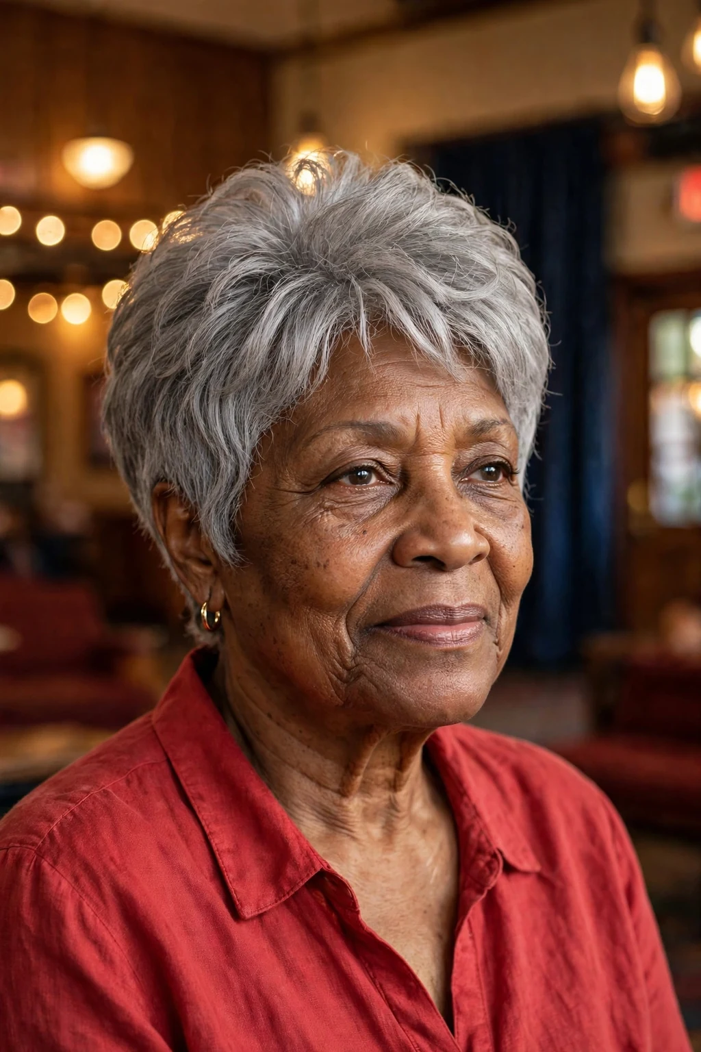 A woman in her mid 70s with a voluminous gray pixie cut, wearing a red blouse in a community theater lobby.