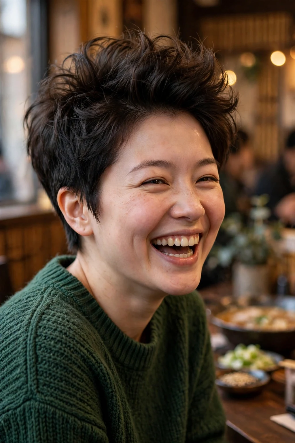 A young woman with a voluminous crown pixie, full lifted height on top and neat tapered sides.