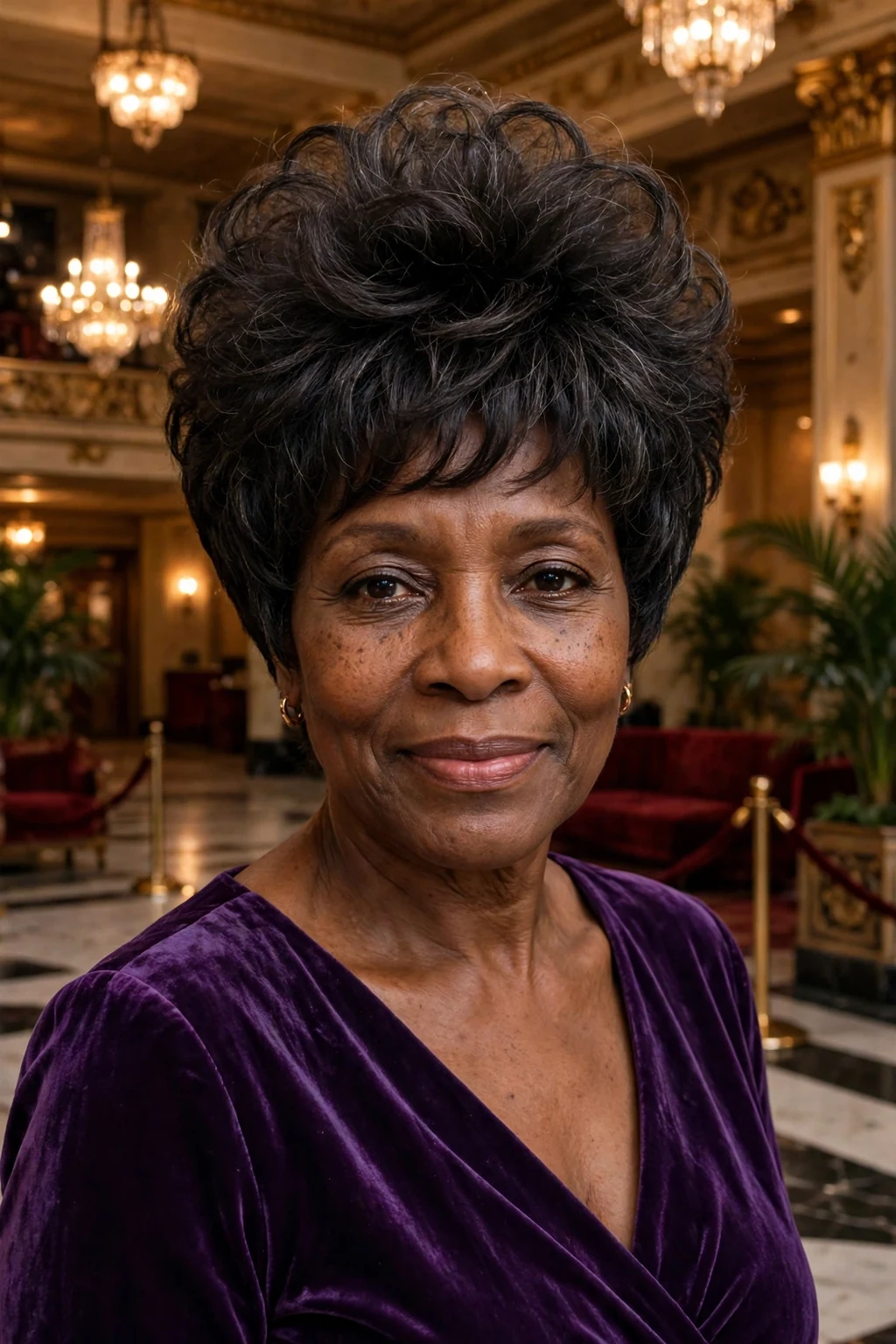 A Black woman in her late fifties with a voluminous crown pixie haircut, wearing a purple dress in a theater lobby.