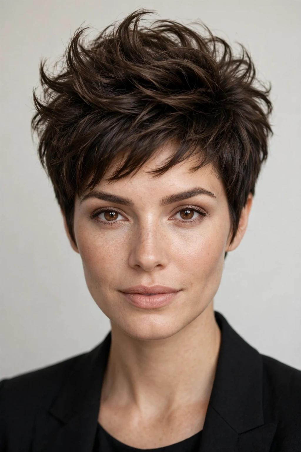 Woman with voluminous crown pixie, dramatic height on top, glamorous light.