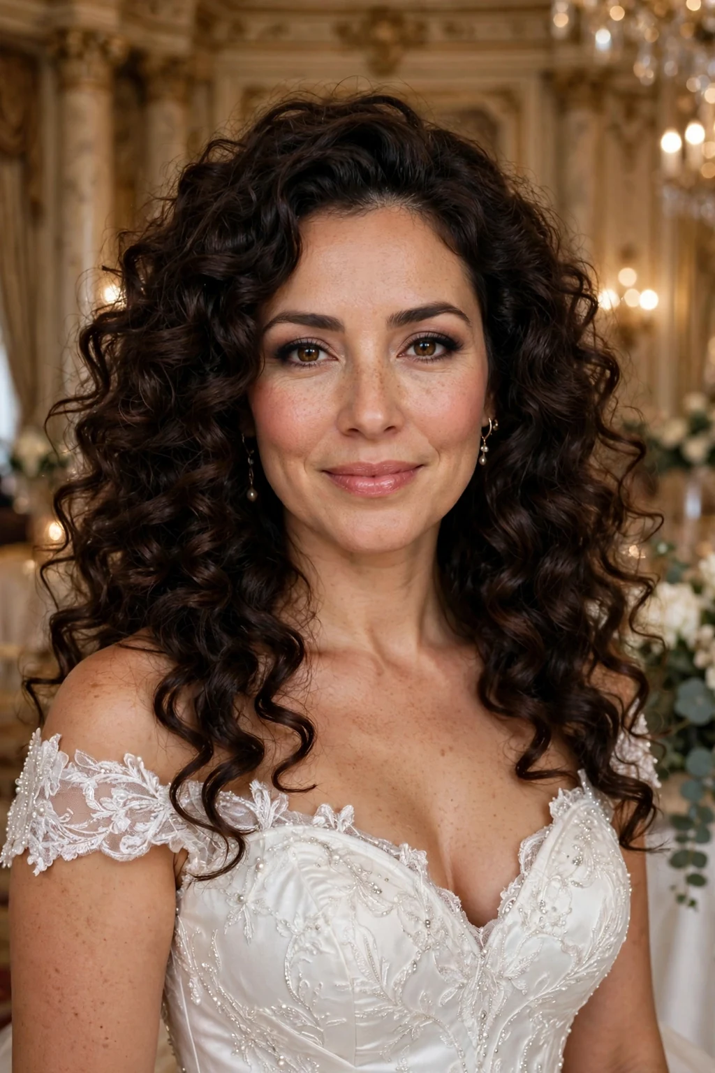 Beautiful bride with voluminous curls, bouncy voluminous curls, glamorous light.