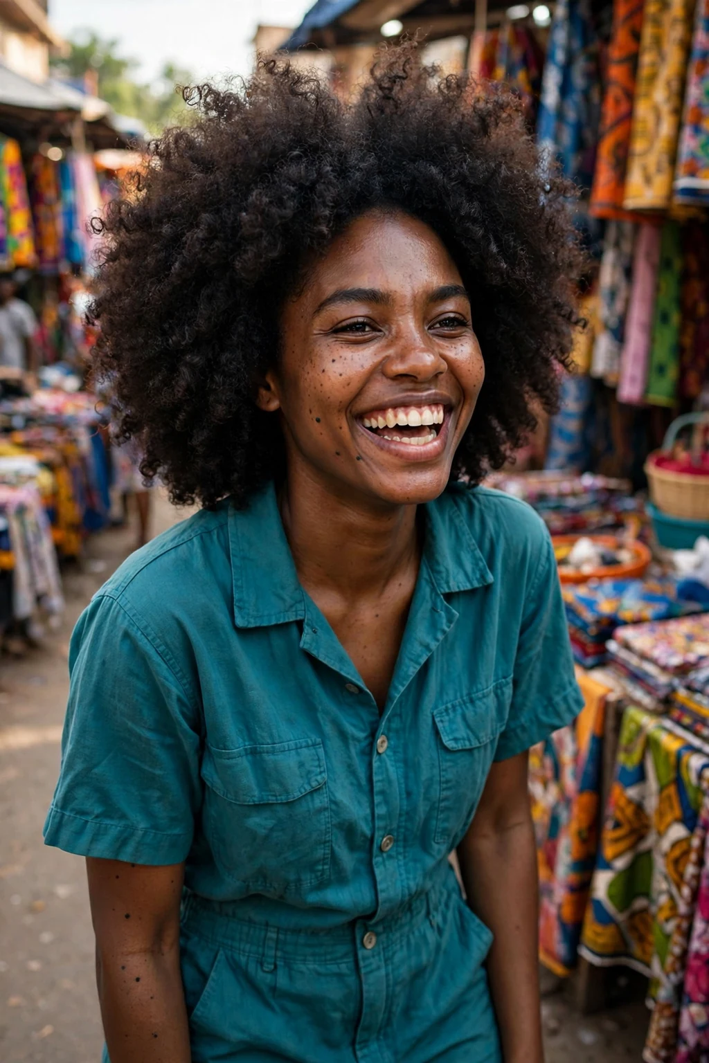 A young woman with a voluminous curly afro and a wide smile, in a colorful street market wearing a teal jumpsuit.