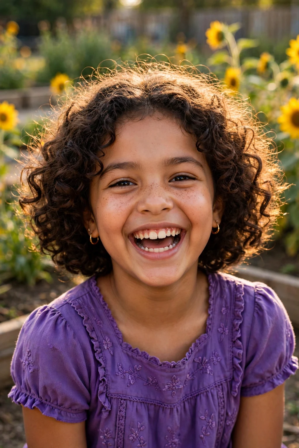 A young girl with a voluminous curly bob smiling for her school picture.