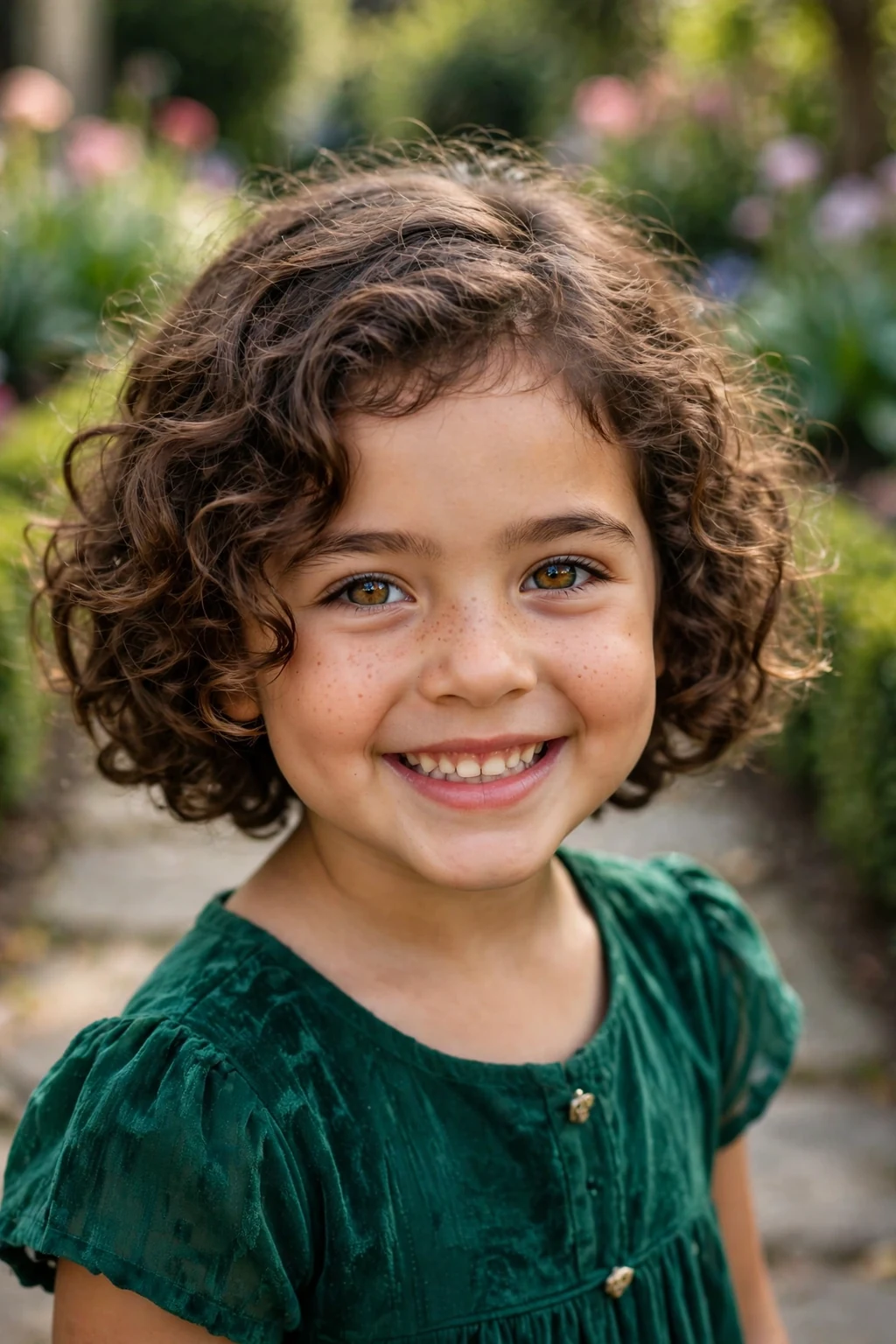 A young girl with a voluminous curly bob full of springy curls in a garden.